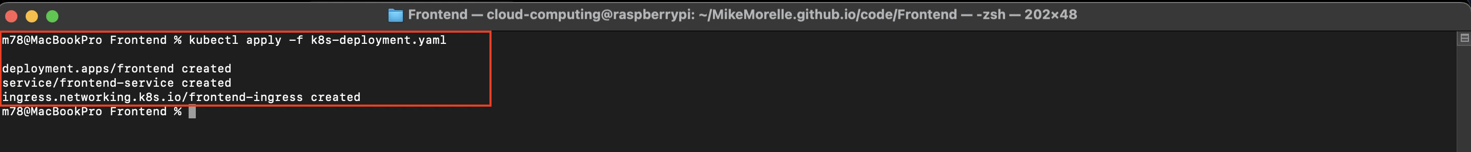Screenshot: Terminal output showing the deployment and service creation (from Rancher Desktop test)